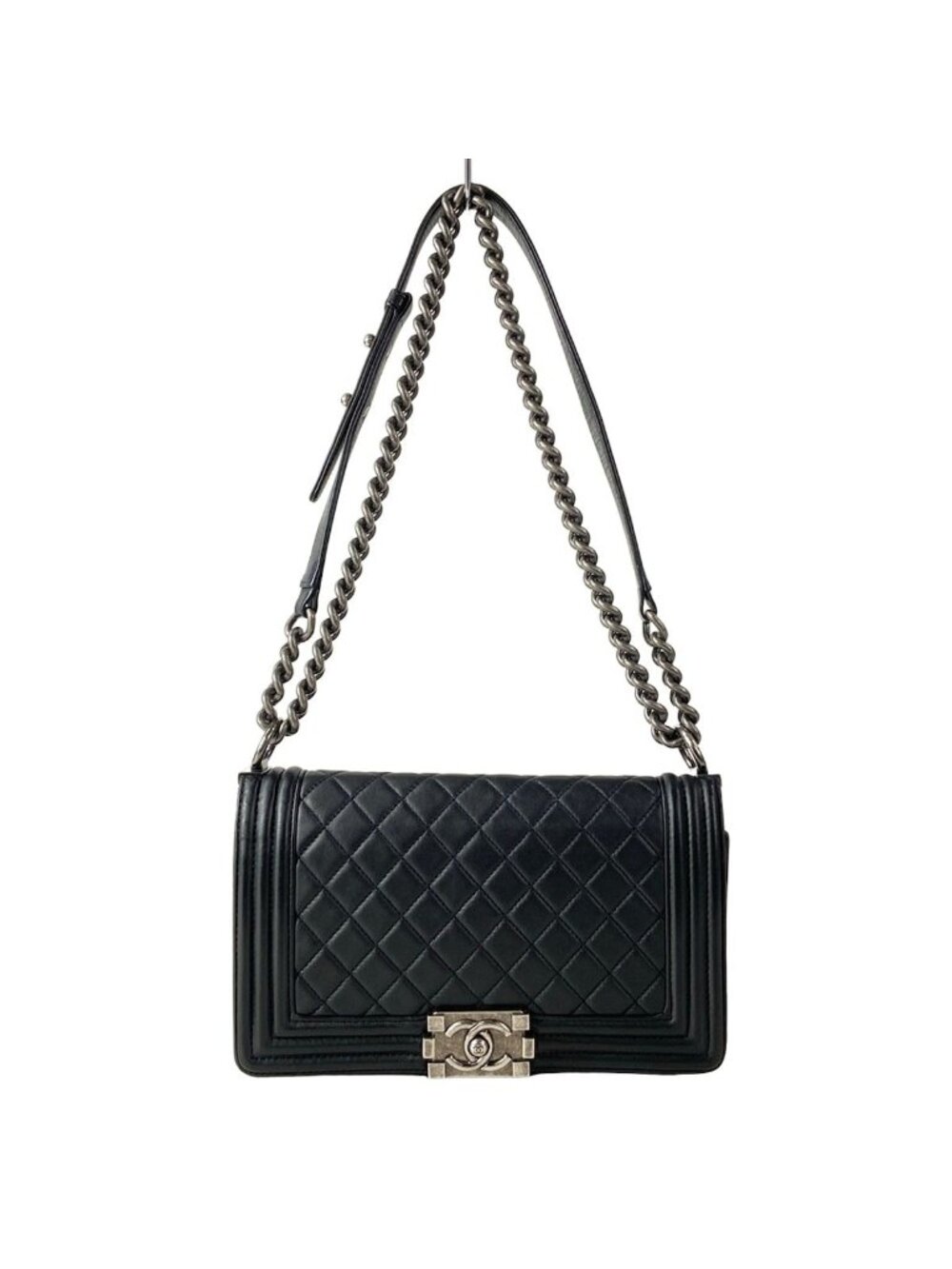 Chanel Shoulder Bag Boy Quilted Black Chain Vintage Silver Lambskin
